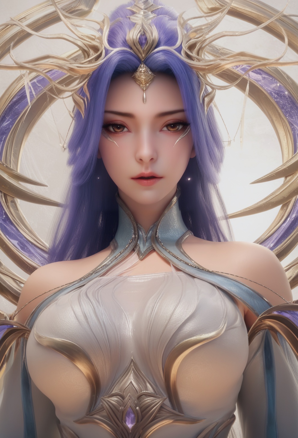 supermodel,score_8_up,score_7_up,hyperdetailed,hyperrealistic,volumetric lighting,focus on face,textured skin,eye lighting,SkinHairDetail,zPDXL,very attractive,Expressiveh,realistic skin,score_9,score_8_up,score_9,score_8_up,1 girls,high cold face,yujie,perfect round large,breasts,jewelry,beautiful eyes,detailed eyes,breast,<lora:女帝:0.8>,long hair,hair ornament,dress,white dress,purple hair,bare shoulders,brown eyes,parted lips,nvdi,