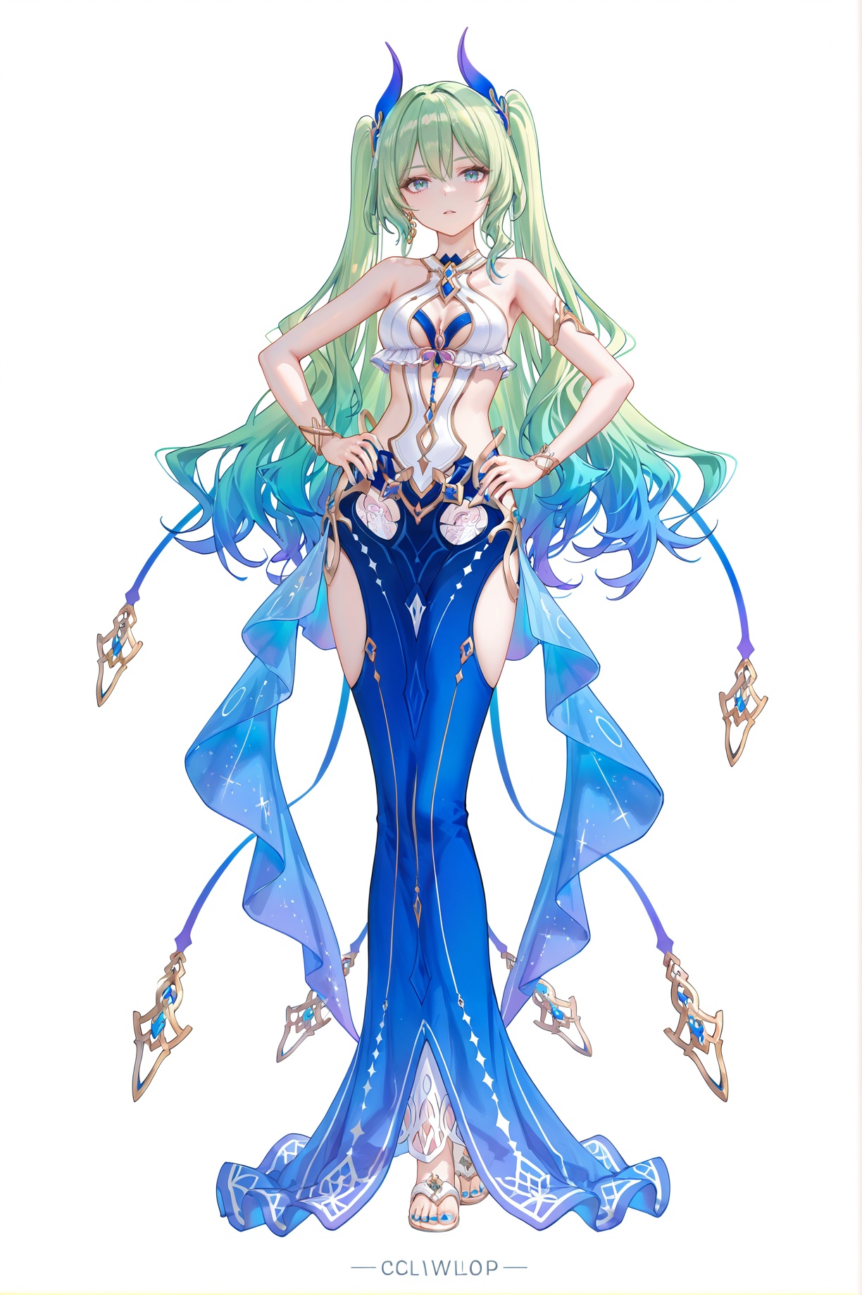 8k,best quality,masterpiece,(ultra-detailed),(high detailed skin),((artist:reoen),(artist:fuzichoco),(artist:atdan),(artist:torino_aqua),year 2024:0.8)1girl,[artist:wlop],[artist:ningen_mame],artist:ciloranko,[[artist:rhasta]],artist:tidsean,colorful,jijia,2d,ambient light,full body,full shot,standing,looking at viewer,(solo:1.2),simple background,(white background:1.2),hand on own hip,(white background:1.1),<lora:mobius-ill-Tanger:0.8>,mobius, mobius's swimsuit, 1girl, breasts, long hair, green hair, multicolored hair, blue dress, twintails, blue horn hair ornaments,