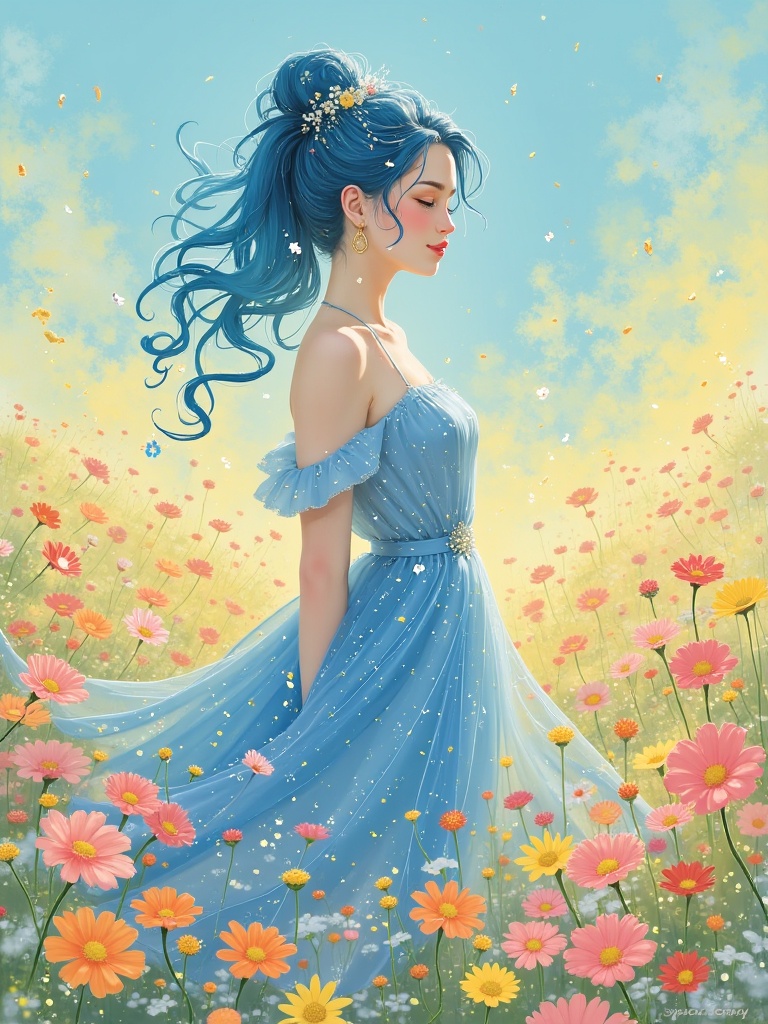 mlzhiyu,A digital painting of a young woman with fair skin and blue hair styled in an elegant updo, standing in a field of colorful flowers. She is wearing a blue, sparkly dress with off-the-shoulder sleeves, and her eyes are closed, giving a serene expression. The background is a soft, gradient of blue and yellow, with a dreamy, ethereal atmosphere. The flowers around her are in various shades of pink, orange, and yellow. The style is semi-realistic with a touch of fantasy. The woman is positioned in the center of the image, facing slightly to the right.<lora:f-治愈系插画v1.3:1>
