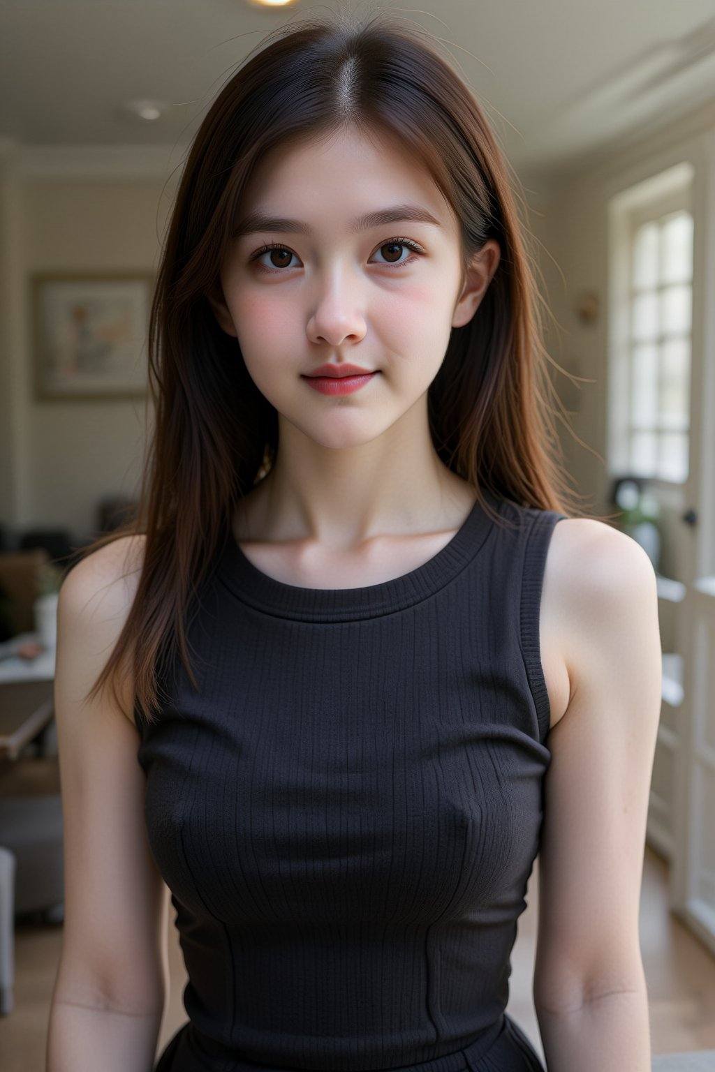 The image depicts a photograph of an Asian woman in her mid-20s with straight,  shoulder-length brown hair and light skin....