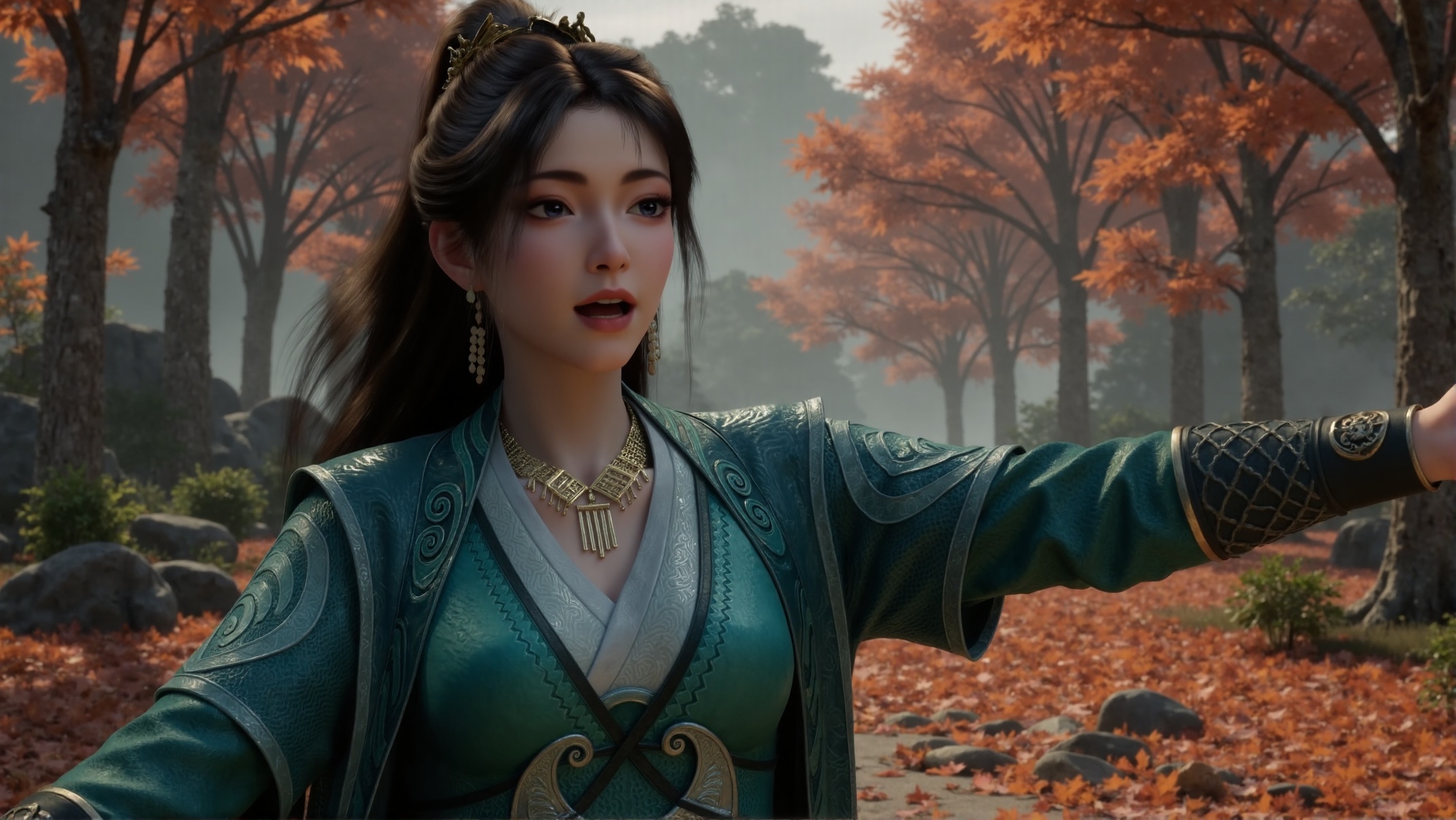 A self-portrait of mupeiling,an Asian woman with long dark hair styled in a high ponytail or elegant updo. She is wearing traditional Chinese attire in teal,green,and gold tones with intricate patterns,featuring a high collar,long sleeves,and textured fabric. Adorned with a small gold crown,a gold necklace with geometric pendants,and gold earrings,she conveys an elegant and serious demeanor with imperial and traditional aesthetics.,mupeiling is taking a selfie with a shocked expression,one arm extended forward as if holding a camera or smartphone,in a vlog pose. The shot uses Dutch angle (tilted lens) and motion blur,adding a sense of unease and tension. Behind her,the scene shifts to a beautiful autumn maple forest with leaves falling gently through the air,creating a serene yet dynamic backdrop. The ground is covered with a thick layer of fallen maple leaves in shades of red,orange,and yellow. Rays of sunlight pierce through the canopy,casting soft shadows on the forest floor. The atmosphere feels calm and peaceful,contrasting sharply with the tense posture of the character. Fantasy art style,high detail,cinematic lighting,4K ultra HD.,