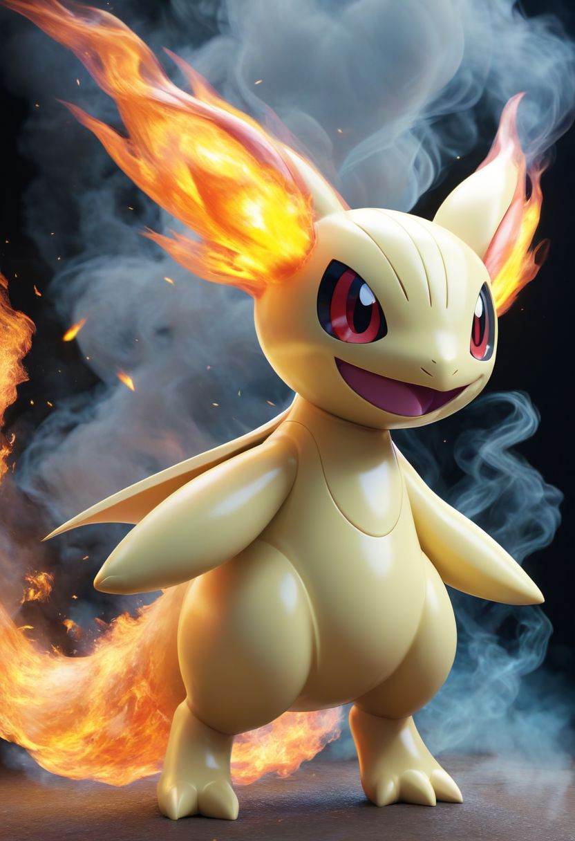 pokemon (creature), solo, no humans, open mouth, standing, fire, full body, red eyes, smoke, smile