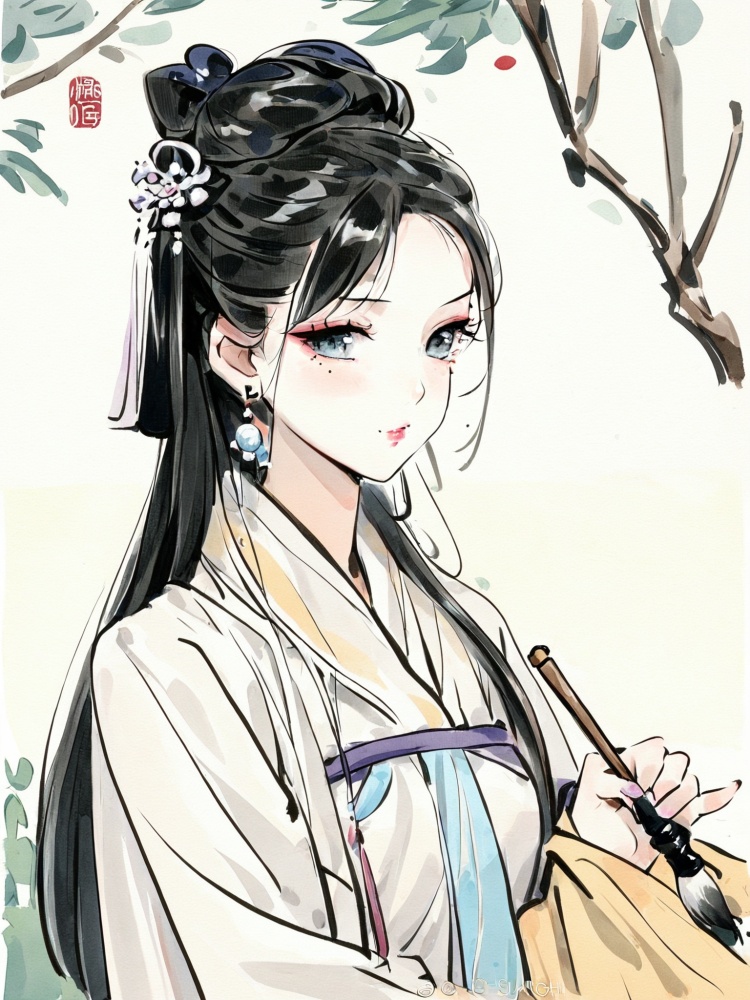<lora:xl_水墨(kohaku_delta)2-000009:1>,ink wash painting, shuimo style, solo, 1girl, long hair, black hair, jewelry, earrings, hair ornament, paintbrush, mole, holding, chinese clothes, upper body, long sleeves, mole under eye, makeup, hanfu, calligraphy brush, branch, masterpiece, best quality,