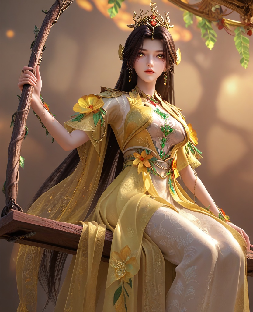 (Sitting on a swing, looking upward, like a dreamer envisioning the future,:1.1),(large breasts:1.2),<lora:XL16云深不知梦羲和‌篆木符:0.95>,miss xihe,yellow overdress with white inner dress,white inner dress,yellow eyes,mole under left eye,black hair,absurdly long hair,hair ornament,jewelry,faux floral embellishments,vines bracelet,chain cape,, score_9,score_8_up,score_7_up,score_6_up,score_5_up,score_4_up,3d rendering,tag1,tag2, Cinematic Lighting,backlighting,