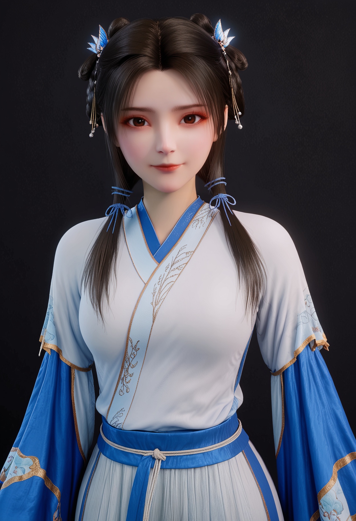 score_9,looking_at_viewer,(large breasts:0.8),1girl,solo,black hair,realistic,smile,chinese clothes,long sleeves,hair ornament,hair rings,closed mouth,brown eyes,layered sleeves,dress,long hair,hair ribbon,short over long sleeves,red lips,ribbon,makeup,hanfu,(simple background,pure black background,black background:1.1),perfect_anatomy,<lora:QQSponyzhouruV1:0.8>,
