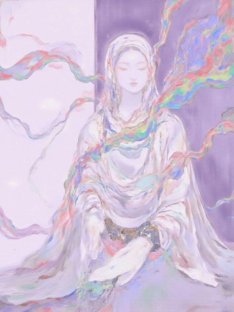 bai,White Hijab Dressed on an invisible mannequin, face is Invisible, Glowing orchidshaped highlights, glowing blank surrounded by soft, colorful rainbow light flares and ethereal light leaks. A fashionable pose against the backdrop of bright highlights on an orchidshaped wall, film grain, against a lavender gradient background draped elegantly and realistically shot through a prism without a visible face or body no people face, Face features