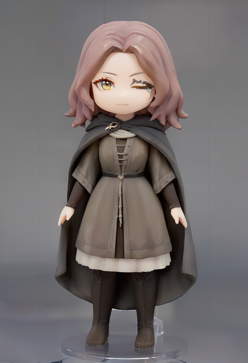 <lora:mln_v1.2-000016:1>,  1girl,pvc figure,golden cloak clasp, brown elbow gloves, hooded cape, one eye closed, black facial tattoo, grey dress with corset, yellow eyes, , brown knee-high boots, short brown hair,chibi, looking at viewer, full body, standing, closed mouth, grey wall, cowboy shot,masterpiece, best quality, newest,nsfw, explicit
