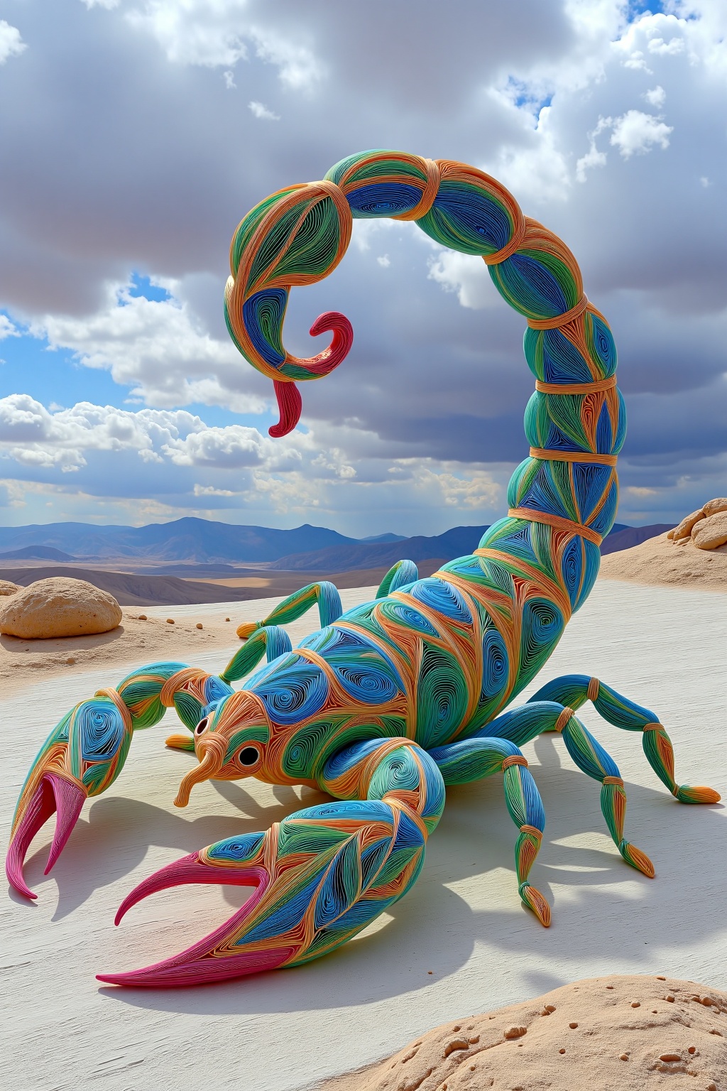 beijihui,a minimalist 3D scorpion constructed of curved and segmented wire,tail arched overhead,rendered in vibrant multicolored tones,set against an outdoor desert landscape under a dramatic sky,