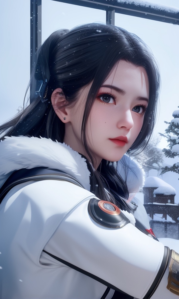 <lora:512-DA-师兄啊师兄-琼霄:0.8>(,1girl, ,best quality, ),looking at viewer,masterpiece, (( , )),, realistic,science fiction,mole, ultra realistic 8k cg, ,outdoors, snow, snowing,