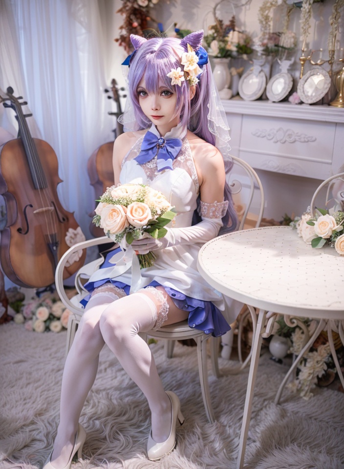 aiwest,1girl,instrument,dress,purple hair,flower,white dress,gloves,thighhighs,elbow gloves,sitting,hair ornament,solo,purple eyes,long hair,keqing \(genshin impact\),twintails,bouquet,veil,table,wedding dress,white gloves,vase,hair flower,white thighhighs,cake,hair bun,bridal veil,indoors,chair,bowtie,<lora:aiwest_20231231155804:0.8>,