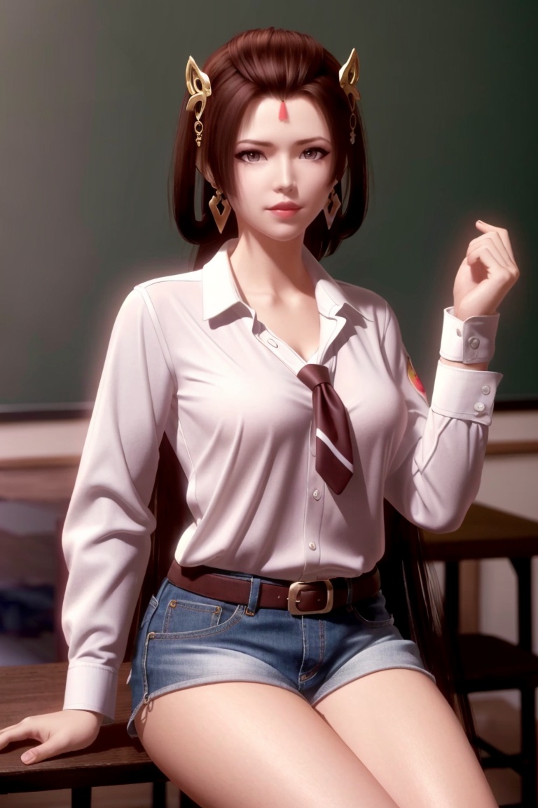 ((HRD, HUD, 8K)),((masterpiece, best quality)), highly detailed,1girl, solo, forehead mark, brown hair, hair ornament, hair rings, long hair, brown eyes, lips, jewelry, earrings, (white shirt:1.2), necktie, denim shorts,blurry background, classroom, chalkboard, sitting, cowboy shot, looking at viewer, <lora:20240513-1715564123441:0.7>