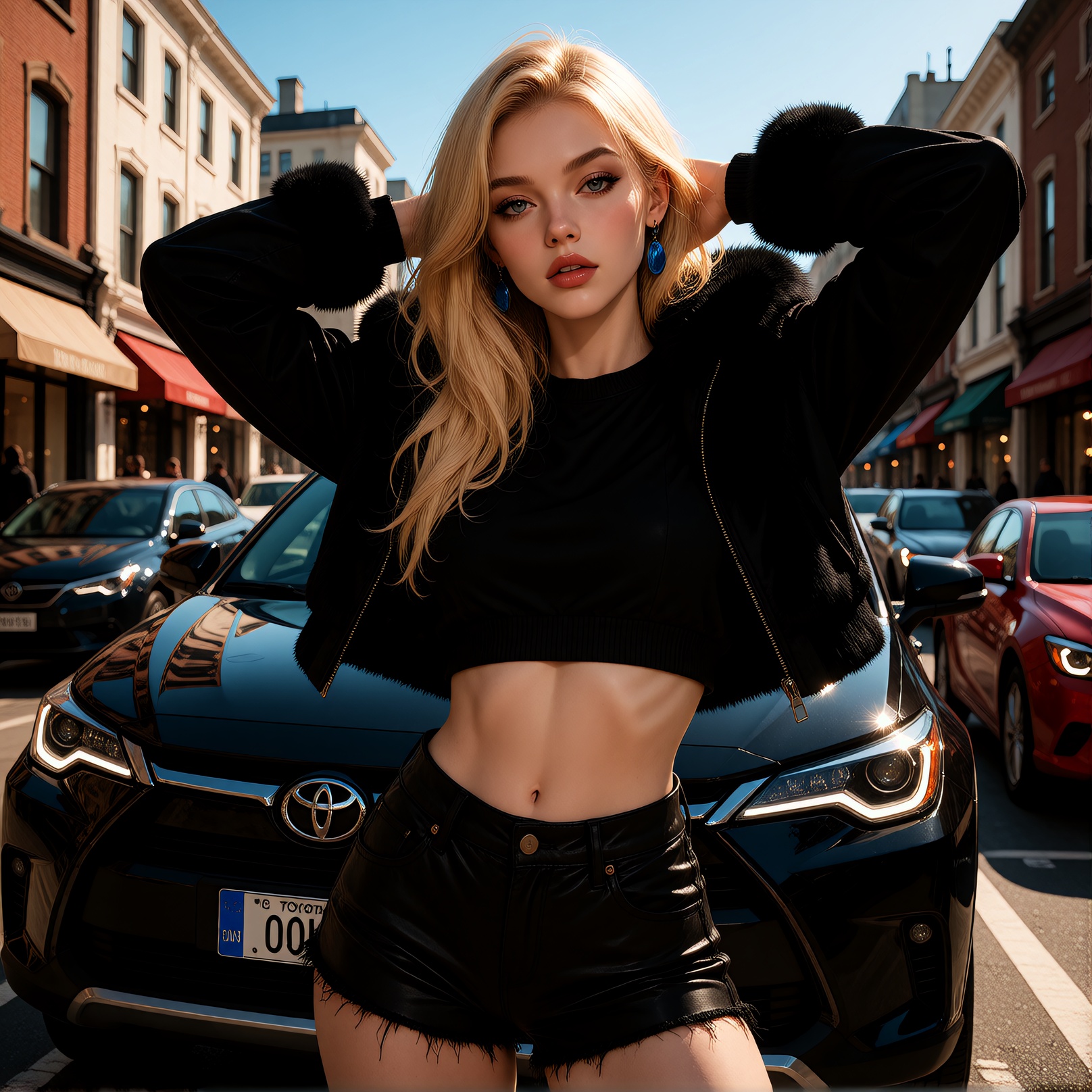 A photo-realistic shoot from a front angle about a ***** woman posing in front of a luxury car in a city street. the image...