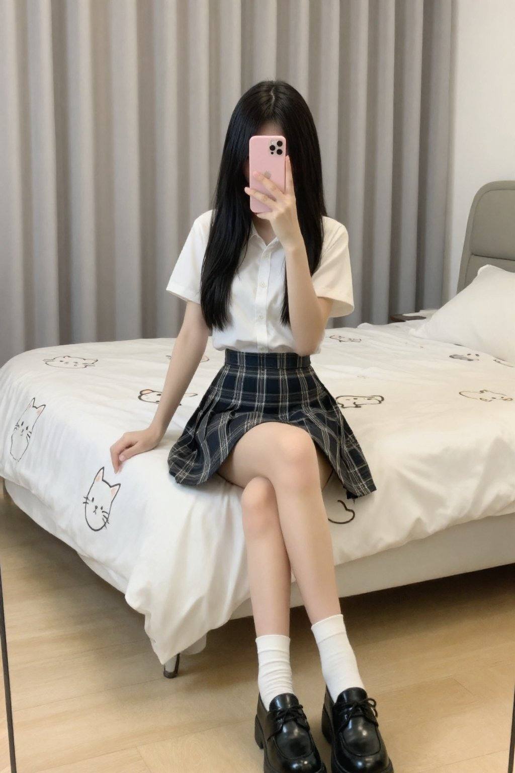 A photograph of an Asian woman with long,  straight black hair,  sitting on a bed. She's wearing a white short-sleeved blo...