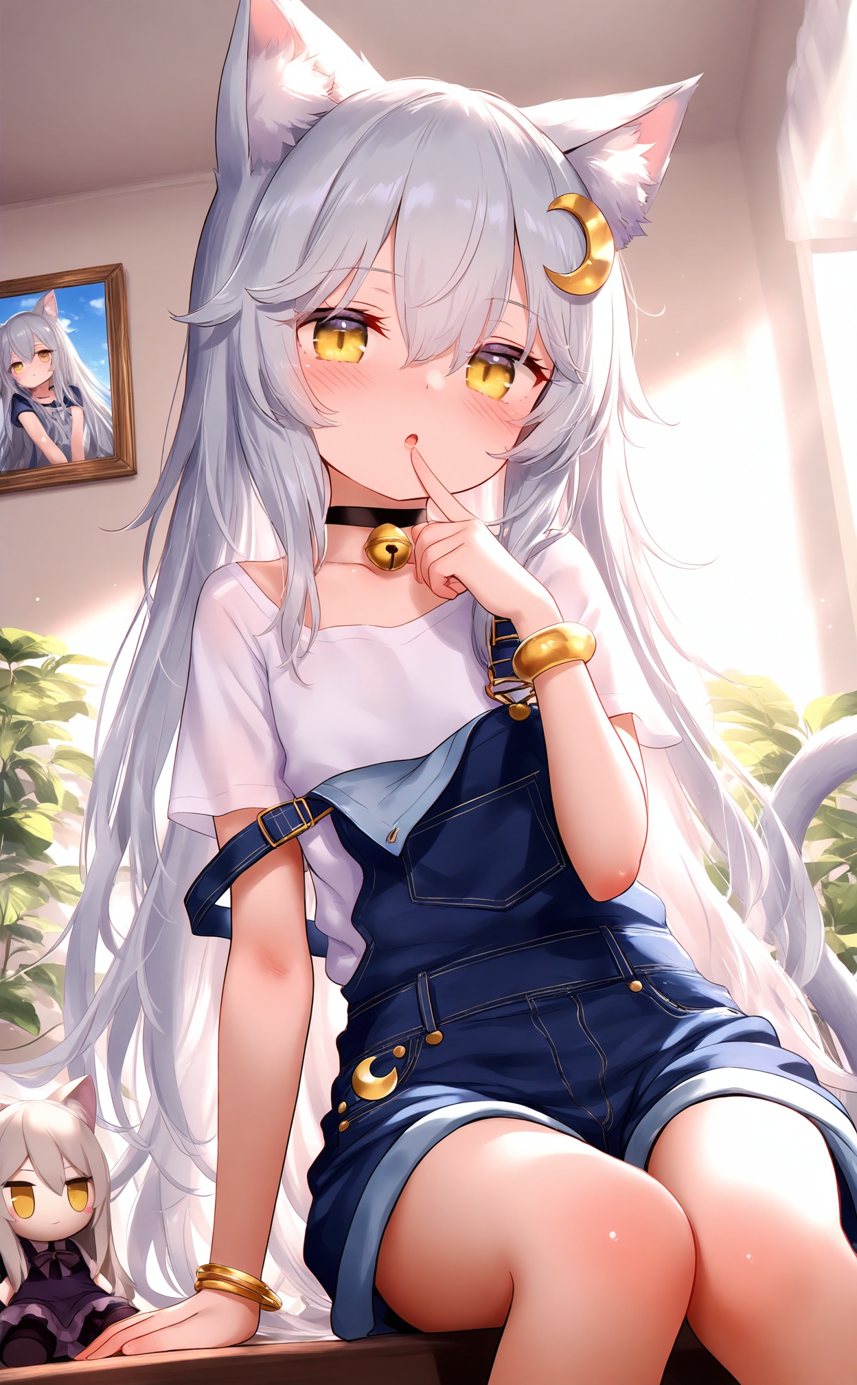 masterpiece,absurdres,best quality,loli,petite,high quality,chromatic_aberration,//,animal_ears,cat_ears,overall_skirt,1girl,tail,cat_girl,cat_tail,long_hair,bracelet,indoors,solo,sitting,white_shirt,overalls,yellow_eyes,animal_ear_fluff,shirt,looking_at_viewer,short_sleeves,window,hair_ornament,white_hair,choker,plant,feet_out_of_frame,potted_plant,very_long_hair,crescent,jewelry,bell,crescent_hair_ornament,black_choker,arm_support,jingle_bell,finger_to_mouth,neck_bell,picture_frame,hand_up,hair_between_eyes,collarbone,strap_slip,character_doll,sunlight,parted_lips,:o,grey_hair,open_mouth,blush,collar,day,bangle,dress,drawing_\(object\),knees_together_feet_apart,blue_overalls,overall_shorts,denim,//,<lora:nai4zhengliu2——【noob】hans:0.88>,