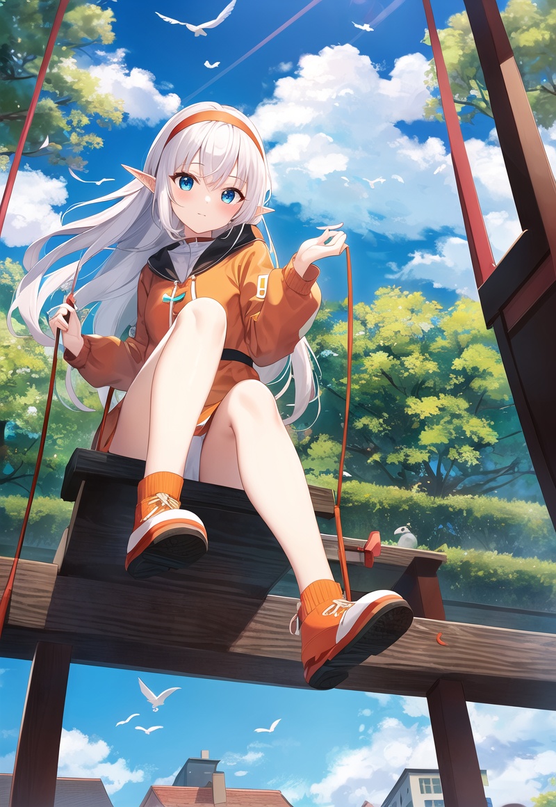 White hair,elf,pointy ears,cute,1girl,orange shoes,solo,sitting,sky,clouds,outdoors,black hair,bird,upward view,blue sky,white socks,daytime,orange jacket,building,long sleeves,leaves,long hair,playing on the swing,red headband,pump Rope,headband,bangs,cloudy sky,from_below,wide_shot,