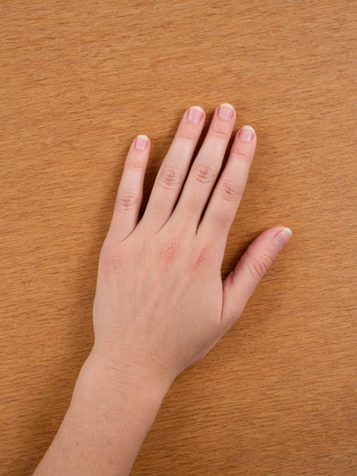 human hand laid flat on a wood tabletop,  closeup Perfect finger,  hand on Tensor.Art