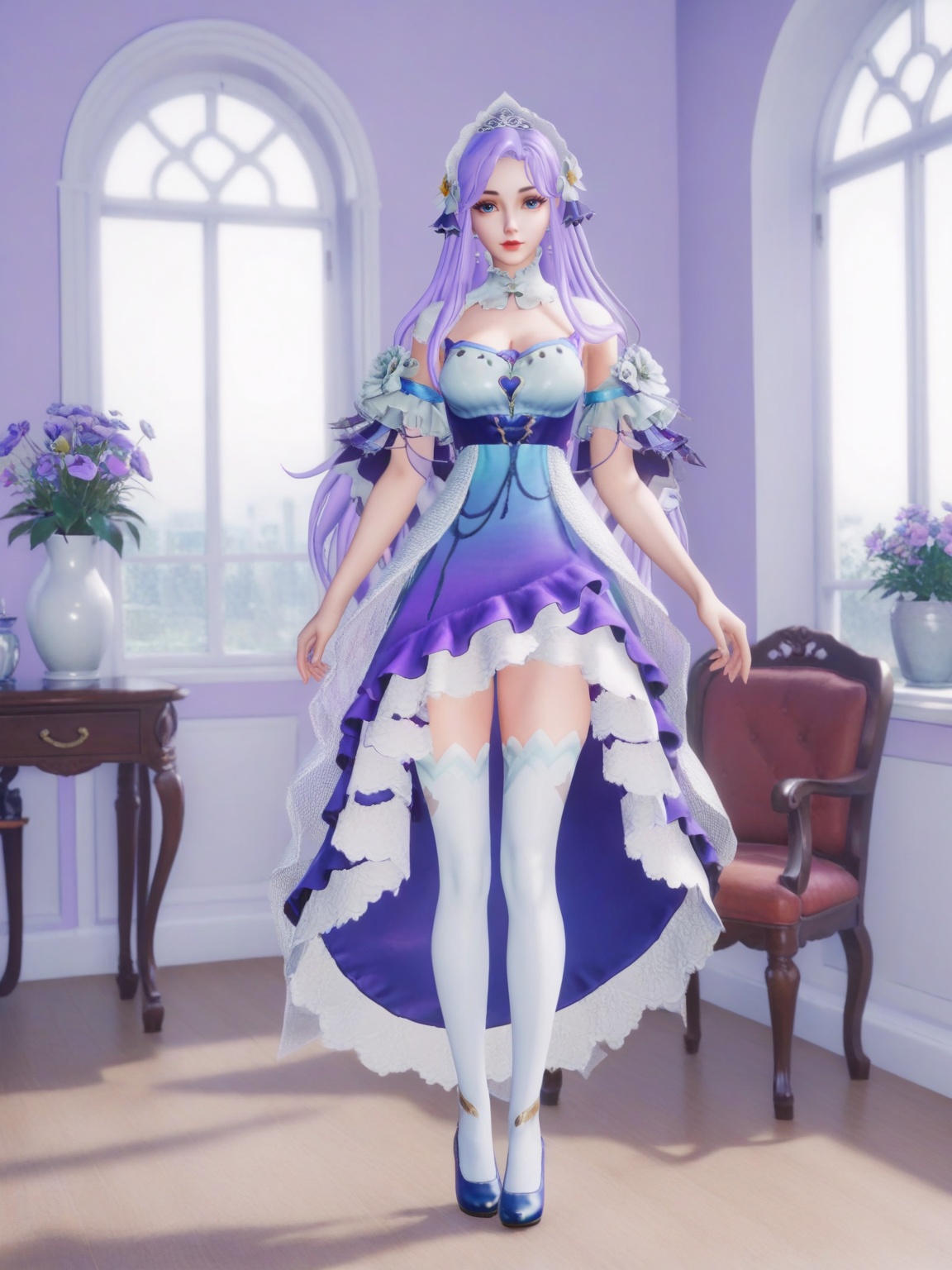 score_9,<lora:SF_DaQiao_ZAHJ_Pony_Realism2.3-000004:0.7>,1girl,SFDaQiao,solo,breasts,looking at viewer,dress,hair ornament,purple hair,long hair, lipstick,makeup,eyelashes,eyeshadow,thighhighs,standing,blue footwear,white thighhighs,chair,window,indoors,flower flower pot,