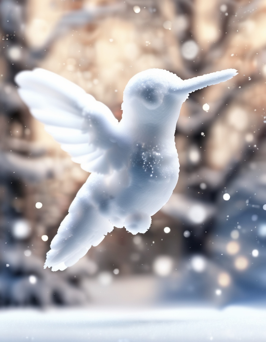 award-winning photo of a flying hummingbird made of snow,  cinematic,  bokeh on Tensor.Art