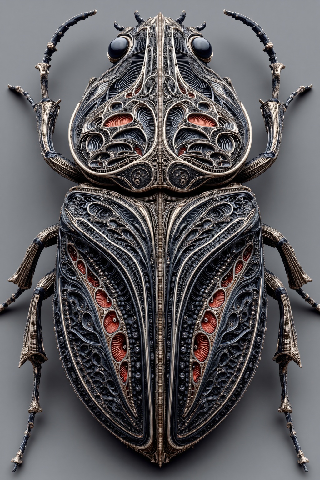 beijihui,a close-up view of a black and silver bug,adorned with intricate designs. The bug's head is adorned with a intricate pattern of lines and circles,adding a touch of depth to the image. Its body is adorned in a variety of vibrant colors,including black,white,and gold,creating a striking contrast against the gray background.,