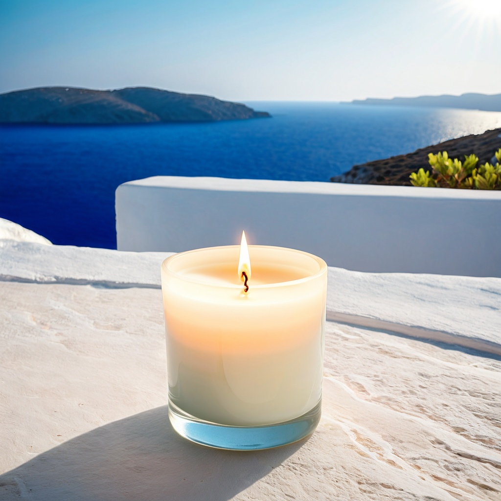 scenegreekislan,  a scented candle,  Greek island whitewashed terrace on Tensor.Art