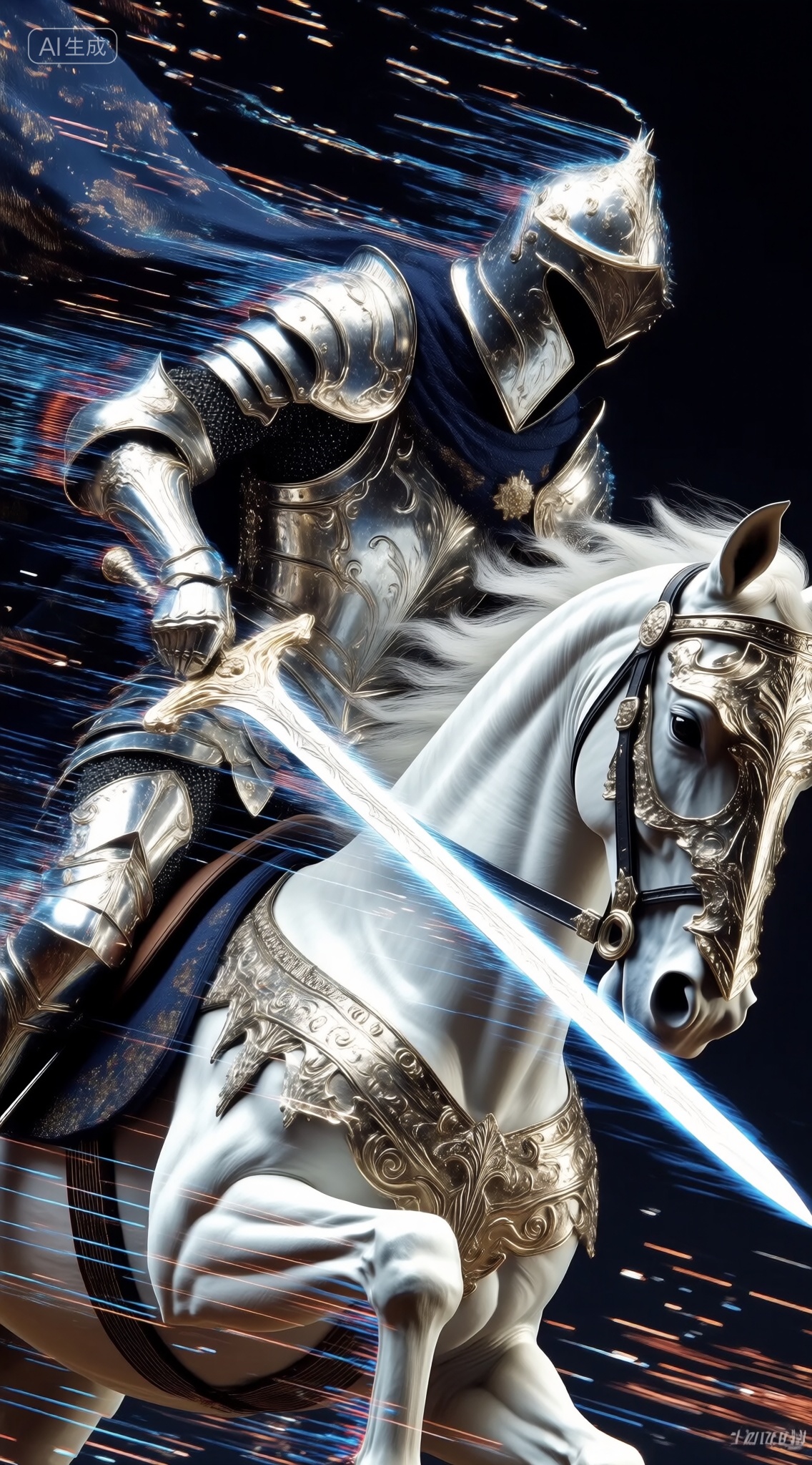 a digital illustration shoot from a side camera angle about a knight in ornate armor riding a white horse,wielding a sword with a glowing blue blade,against a dark background with abstract lines and particles,the image also shows dynamic lines of light emanating from the knights armor,creating a sense of movement and energy,on the middle of the image,a knight,who appears to be in his mid-twenties,is sitting on the back of the horse,wearing ornate silver armor with intricate designs and a helmet,holding a sword in his right hand,the knight has a serious expression and is facing the viewer,the horses mane and tail are long and flowing,and its eyes are focused intently on something in the distance,, Negative prompt: ng_deepnegative_v1_75t,(badhandv4:1.2),EasyNegative,(worst quality:2),,nsfw, Steps: 30, Sampler: Euler, CFG scale: 4.0, Seed: 387567832, Size: 1142x2048, Model hash: 9768b098f7, Model: ZOZ_v1.0.safetensors, Denoising strength: 0, RNG: CPU, Lora 1: ZOZ_超写实~插画系列~千问, Lora Hash 1: 3144b0df6f, Lora Weight 1: 0.8, vae_name: automatic