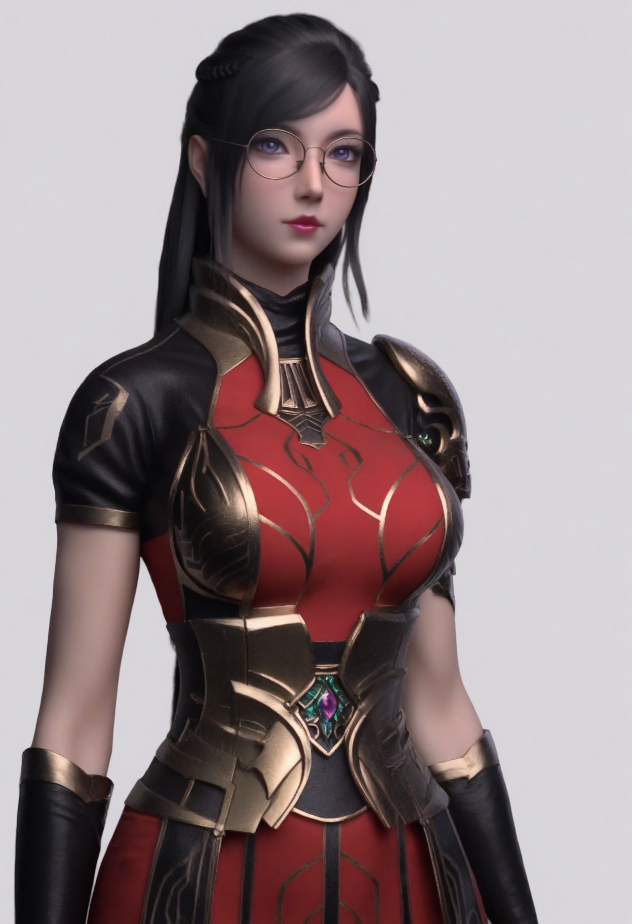 score_9,<lora:SF_WuZhao_Pony_Realism2.3-000003:0.7>,1girl,solo,armor,red dress,bangs,braid,glasses,lipstick,makeup,black hair,purple eyes,breasts,short sleeves,gloves,large breasts,dress,standing,long hair,fair_skin,white_skin,Ivory_skin,looking at viewer,white background,simple background,