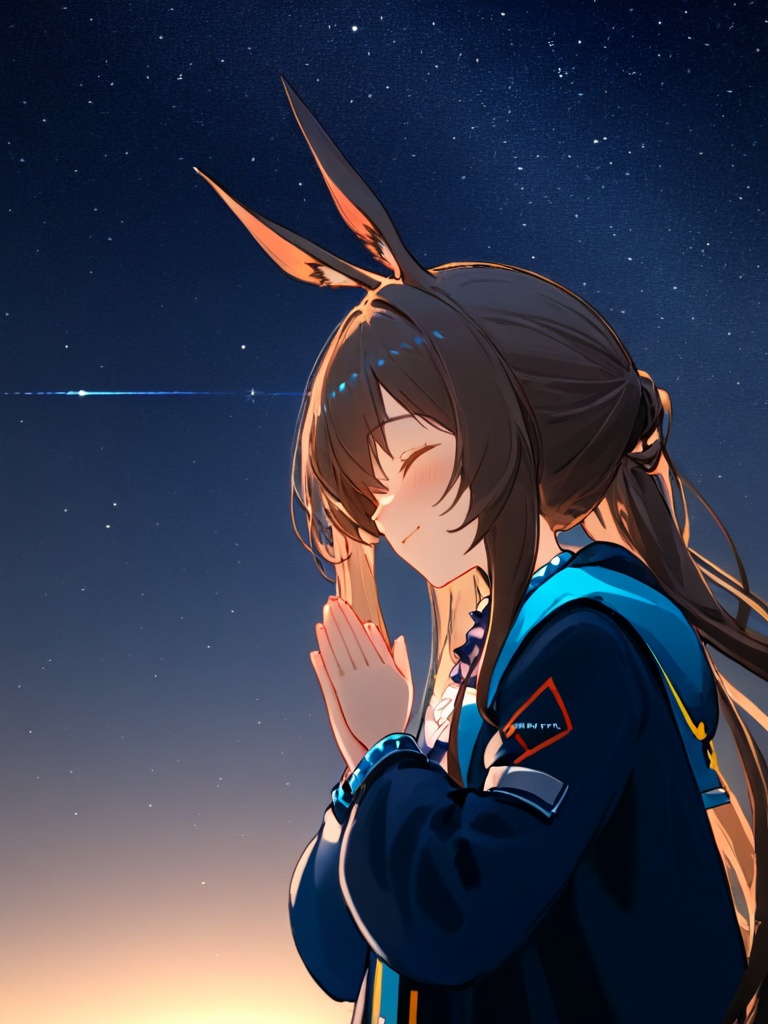 <lora:amiya_pro:1>,amiya(arknights),maximalismscarf,1girl,closed_eyes,solo,own_hands_clasped,praying,own_hands_together,sky,star_\(sky\),long_hair,brown_hair,smile,starry_sky,night,night_sky,profile,darkness,high detail,sunshine,shadow,an extreme delicated and beautiful girl,delicated and beautiful eyes,bright background,delicated dress,((extremely detailed CG unity 8k wallpaper)),best quality,amazing quality,very aesthetic,absurdres,
