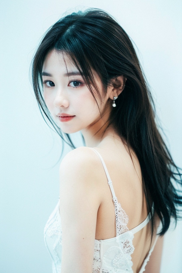 best quality,masterpiece,ultra high res,A captivating portrait of a young woman with striking features. A girl with long, raven-black hair cascading down her back gazes directly at the viewer with an alluring smile. Her closed lips and piercing black eyes draw attention to her flawless complexion. Against a subtle white and gradient background, she stands out in a simple yet elegant setting, adorned with delicate jewelry and earrings that add a touch of sophistication., <lora:13guojiang_lora:1>
