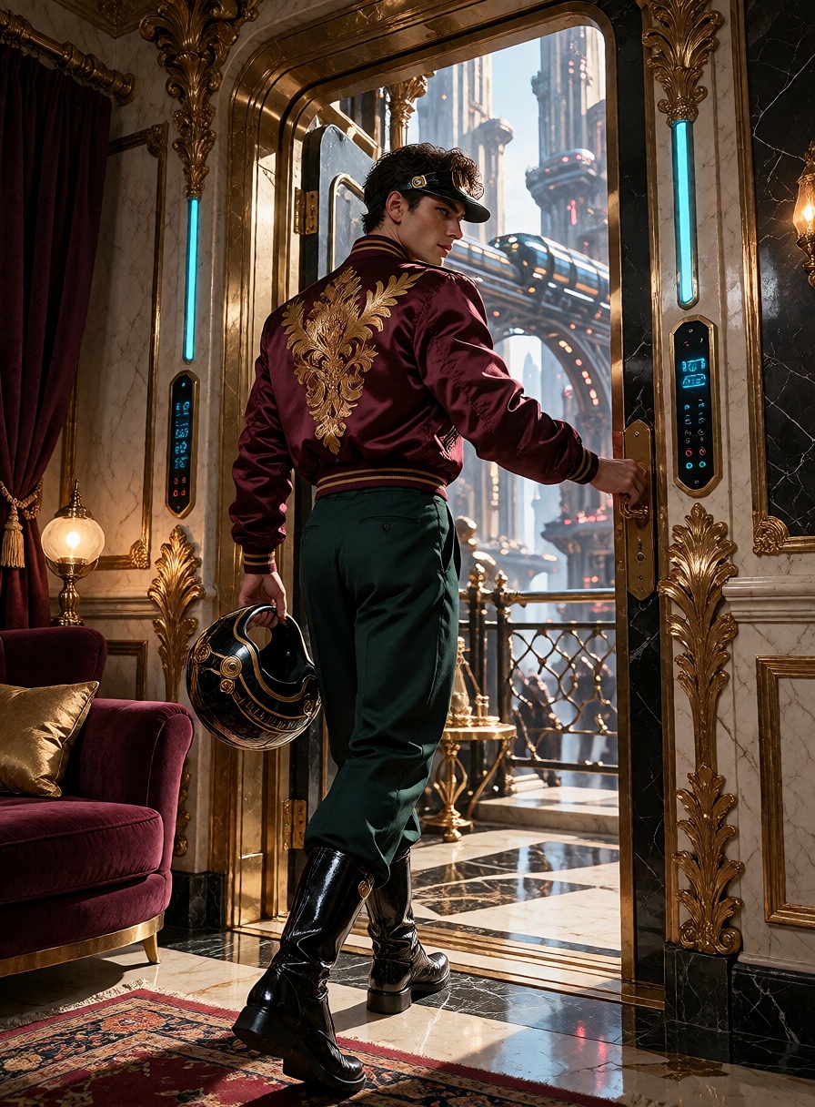 A young dark-haired man looks back while opening an apartment door. He wears a burgundy satin bomber jacket with rounded s...