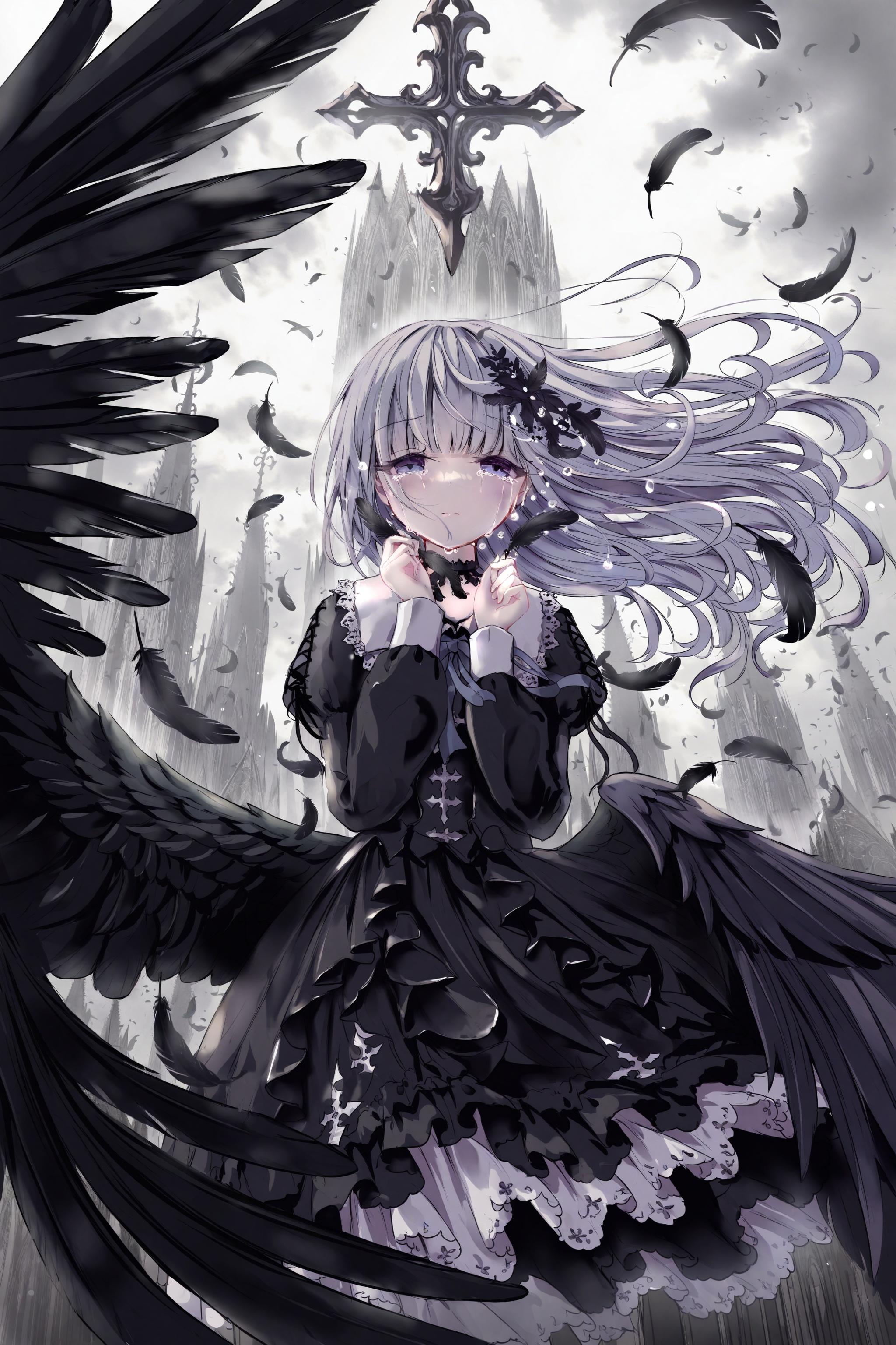 best, 1girl, feathers, solo, black feathers, black dress, dress, long hair, long sleeves, church, grey hair, falling feathers, outdoors, hair ornament, looking at viewer, crying with eyes open, crying, sky, closed mouth, tower, wings, cloud, purple eyes, blue eyes, cloudy sky, building, tears, choker, gothic lolita, lolita fashion, holding, grey sky, frills, feathered wings, floating hair, cross, sad, black wings, blunt bangs, puffy sleeves, frilled dress, standing, overcast, hands up <lora:lp27New.up1-000038:1>