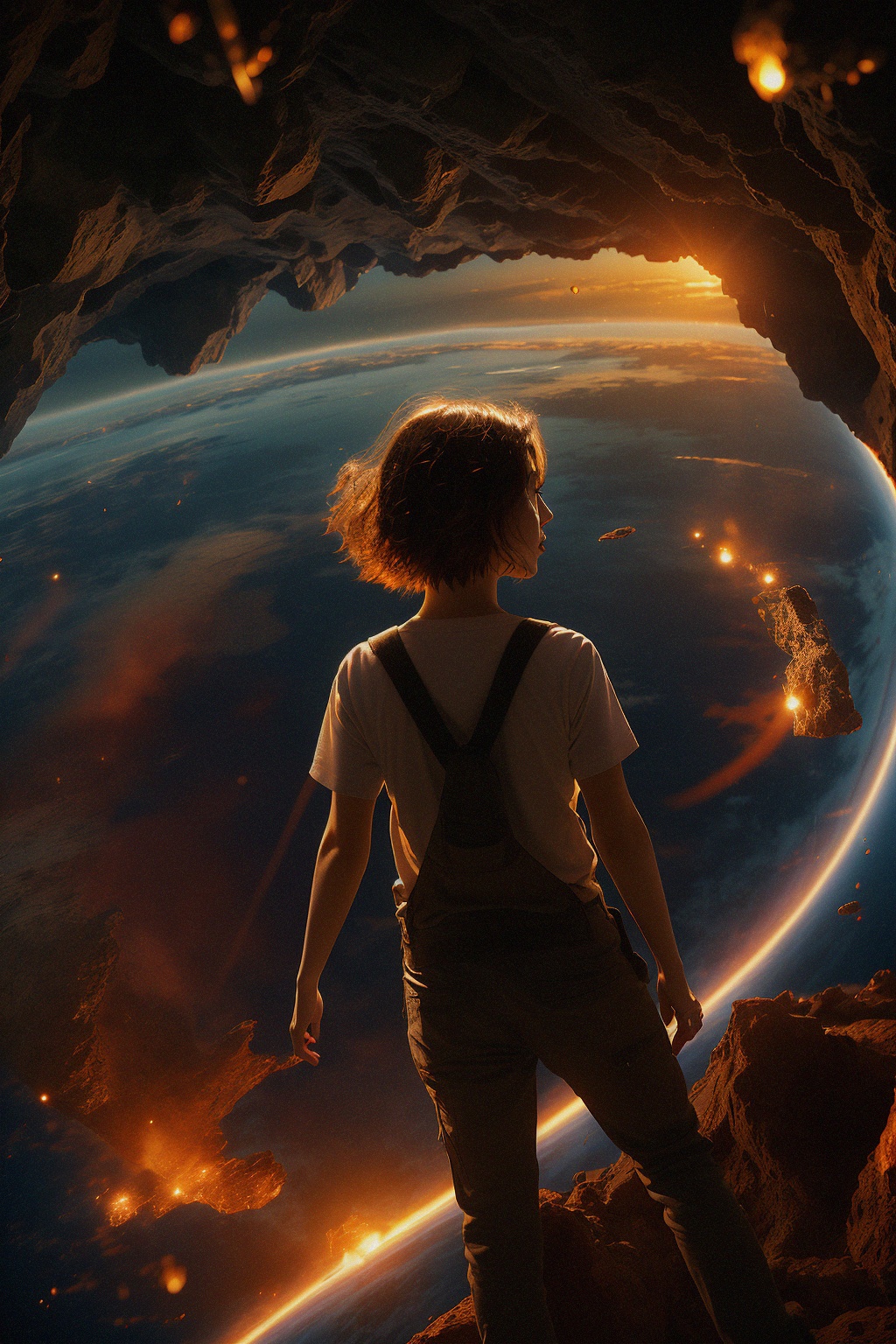 A girl with short hair,(Earth:1.3),shenkong,light particles,sunset,<lora:shenkong-000008:0.7>,