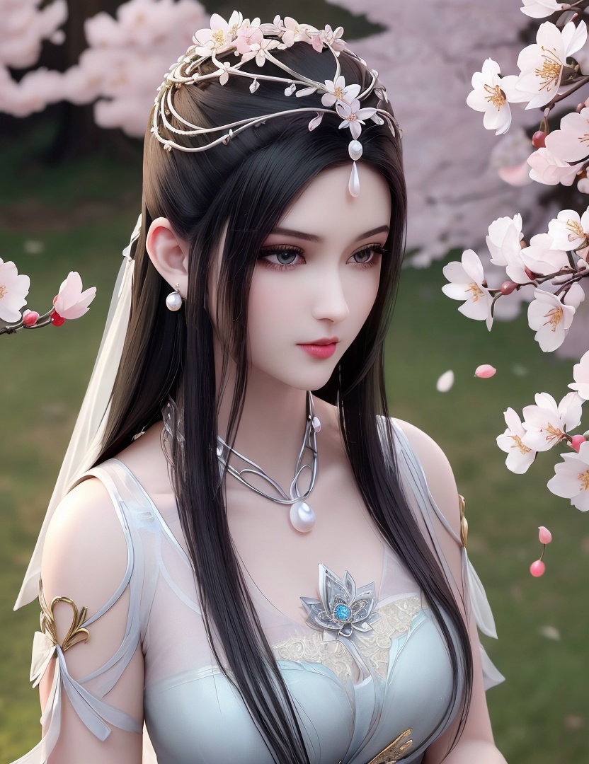 ultra realistic 8k cg, picture-perfect face, flawless, clean, masterpiece, professional artwork, famous artwork, cinematic lighting, cinematic bloom, perfect face, beautiful face, fantasy, dreamlike, unreal, science fiction,   lace, lace trim, lace-trimmed legwear,  (rich:1.4), prestige, luxury, jewelry, diamond, gold, pearl, gem, sapphire, ruby, emerald, intricate detail, delicate pattern, charming, alluring, seductive, erotic, enchanting, hair ornament, necklace, earrings, bracelet, armlet,halo((,1girl, pov,))  , ((((1girl, solo, ,cherry blossoms,outdoors, ))))<lora:DA_LinQingZhu:0.6>