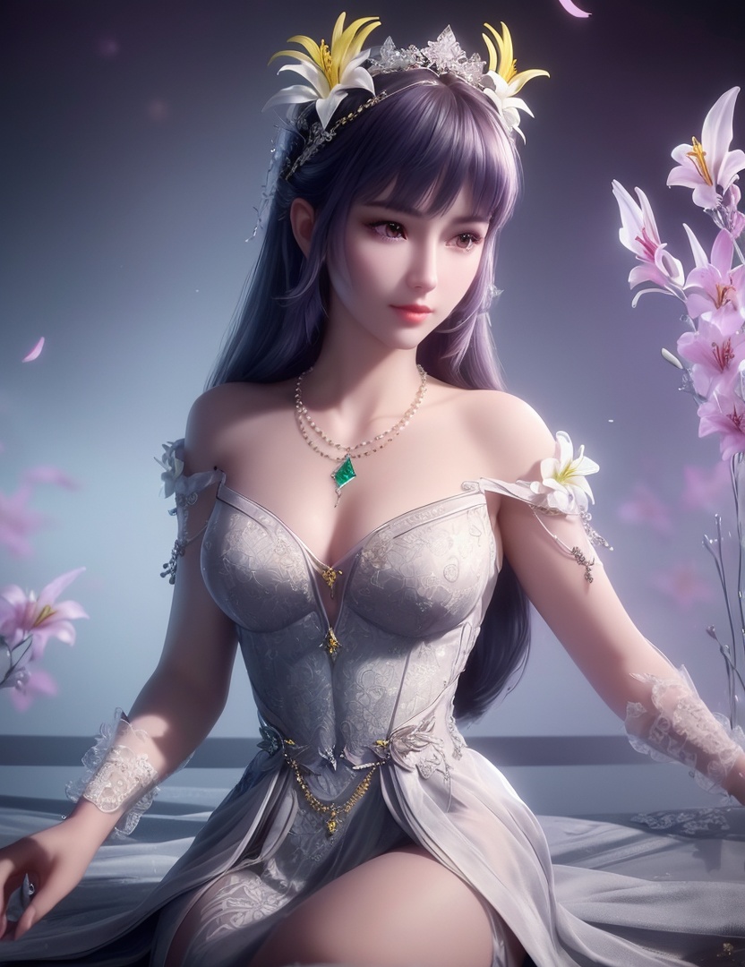 ultra realistic 8k cg, picture-perfect face, flawless, clean, masterpiece, professional artwork, famous artwork, cinematic lighting, cinematic bloom, perfect face, beautiful face, fantasy, dreamlike, unreal, science fiction,   lace, lace trim, lace-trimmed legwear,  (rich:1.4), prestige, luxury, jewelry, diamond, gold, pearl, gem, sapphire, ruby, emerald, intricate detail, delicate pattern, charming, alluring, seductive, erotic, enchanting, hair ornament, necklace, earrings, bracelet, armlet,halo((,1girl, pov,))  ((, 1girl, solo, star_\(symbol\),lily \(flower\),hair flower, dress, jewelry))<lora:DA_BaiChenXiang:0.6>