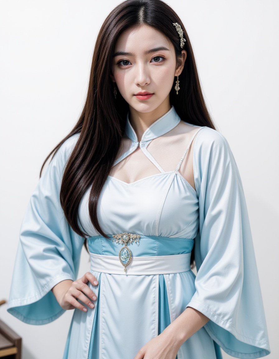 1girl, solo, dress, long hair, hair ornament, breasts, chinese clothes, jewelry, earrings, realistic, blue dress, looking at viewer, sash, upper body, white dress, brown hair, parted lips, black hair, long sleeves
