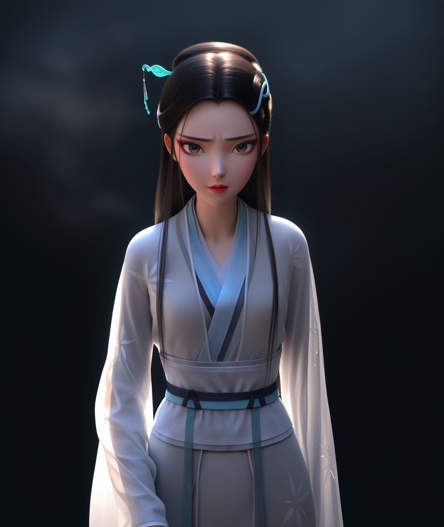 (score_9),masterpiece,best quality,absurdres,highres,(white_skin),light_skin,BREAKcollarbone,<lora:白素贞-ill:0.85>,baisuzen,1girl,solo,long hair,black hair,hair ornament,hairpin,makeup,hair ribbon,hanfu,maple leaf print,sash,belt,long sleeves,waist sash,see-through,looking at viewer,front view,light blush,cowboy shot,leg,BREAKsimple background,black background,rim light,Tyndall effect,Cinematic Lighting,fog,twig,branch,glowing, 