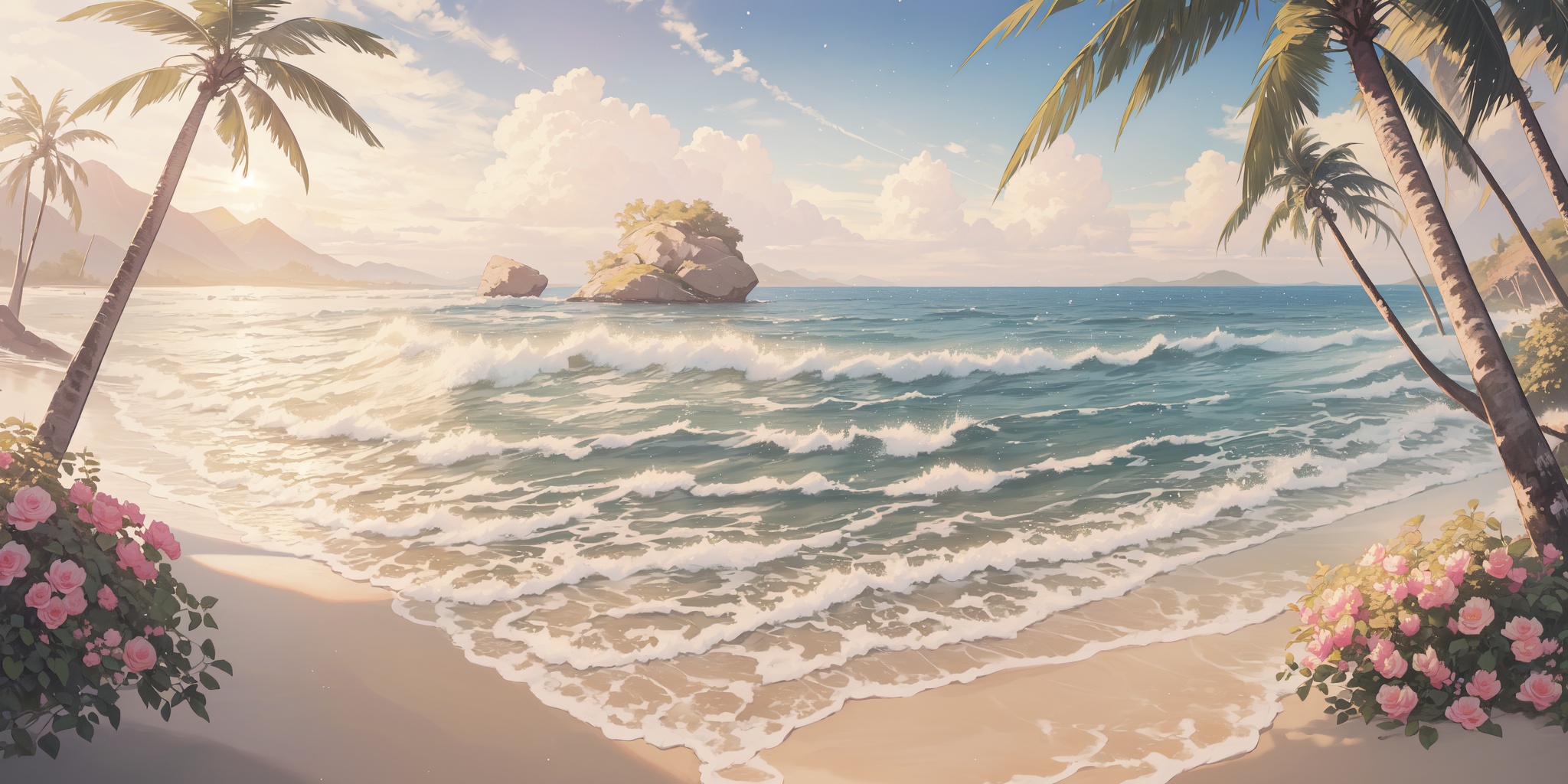 scenery,outdoors,light particles,beautiful detailed sky,beautiful detailed glow,best shadow,panorama,(Oasis, Sand dunes, Palm trees, Water, Camel, Heat, Mirage:1.3),(Rocky beach, Campfire, Midnight, Firelight, Waves crashing, Serenity:1.2),(Heritage roses, Topiary, Wrought iron benches, Gazebo, Classic elegance, Formal garden:1.1),(masterpiece, best quality, beautiful and aesthetic:1.3),extremely detailed CG,ultra-detailed,beautiful concept illustration,illustration,extremely fine and beautiful,perfect details,<lora:YOUHUA-000018:1>,oil painting \(medium\),