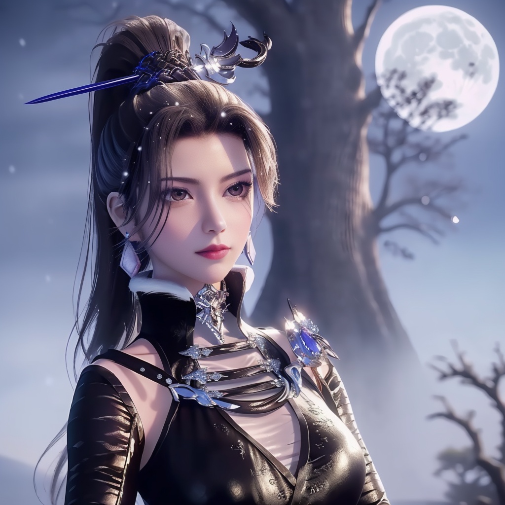 <lora:万界至尊-李雪衣-皮衣:0.8>, (,1girl, ,best quality, ),looking at viewer,  picture-perfect face,   clean, masterpiece,     cinematic lighting, cinematic bloom, fantasy,  , unreal, science fiction, ((,1girl, pov,))(((,tree, 1girl, full moon,snowing,snow ,solo,     solo focus,  long_hair, looking_at_viewer,  )))  (rich:1.4,)     prestige, luxury, jewelry, diamond, gold, pearl, gem, sapphire, ruby, emerald, intricate detail, delicate pattern, charming, alluring, seductive, erotic, enchanting, hair ornament, necklace, earrings, bracelet, ,