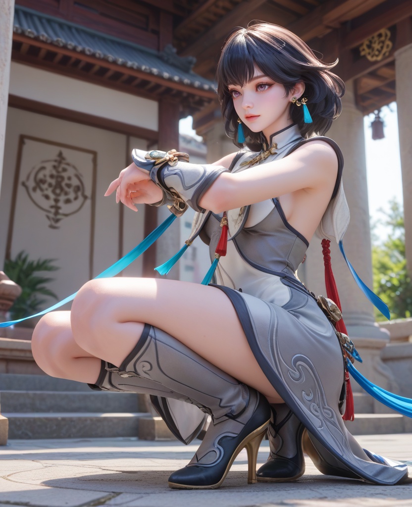 (oriental architecture, elegant decor, sophisticated style:1.1),(Crouching down, arms wrapped around the knees, looking contemplative,:1.1),(large breasts:1.2),<lora:XL16王者荣耀元流之女流:0.95>,miss yuanliuzhinv,white paired with gray dress,shrug \(clothing\),purple eyes,black hair,short hair,tassel earrings,gauntlets,high heel boots,, score_9,score_8_up,score_7_up,score_6_up,score_5_up,score_4_up,3d rendering,tag1,tag2, Cinematic Lighting,backlighting,, zPDXL3, zPDXL2,zPDXL, zPDXLxxx, zPDXLrl,