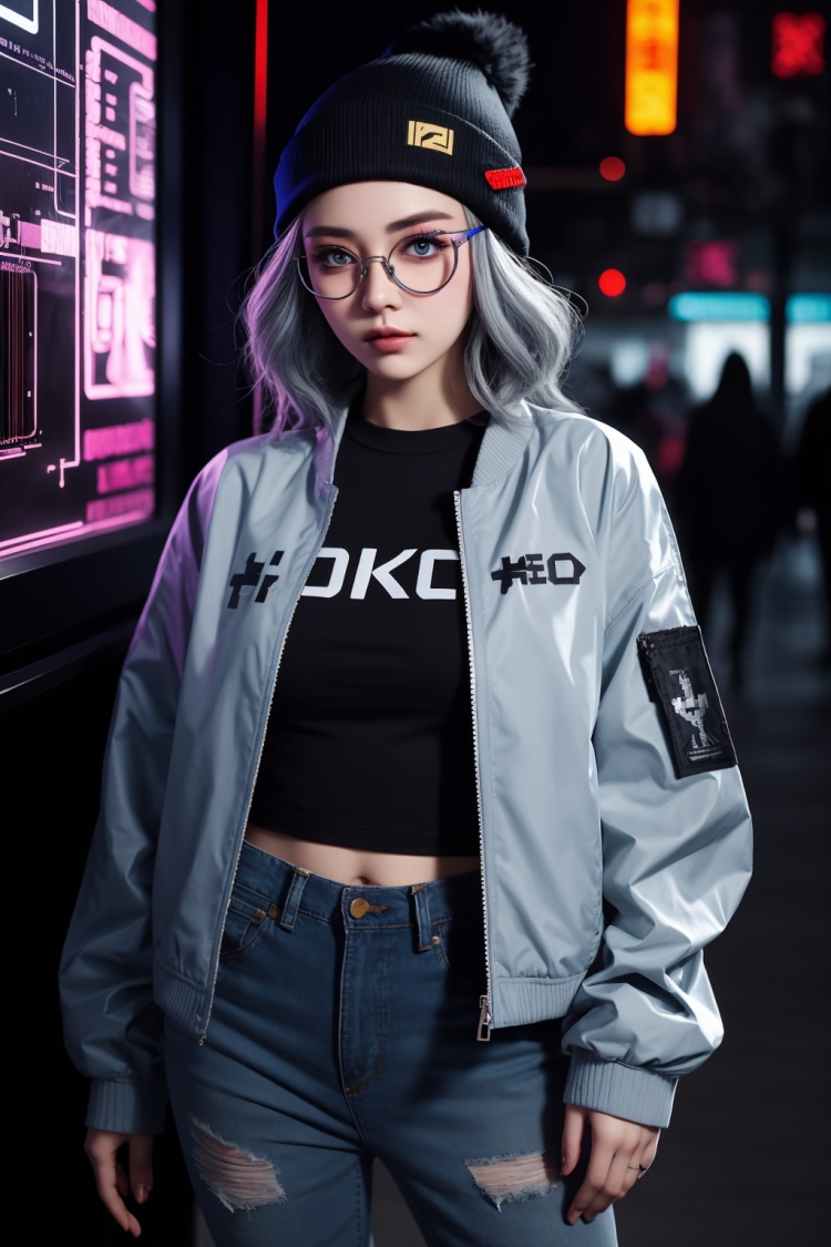 Cute female  cyberpunk hacker with blue colored glasses, in a jacket with a Beanie long grey hair half teeshirt ripped jeanscyberpunk 2077 poster art
