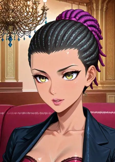 solo,in a fancy luxury hotel lounge,fancy chandelier overhead,decorative pillars in the background,close up,business suit,jacket,bustier,cornrows,ponytail,dark-skinned female,caramel \(color\) skin absurdres, masterpiece, best quality