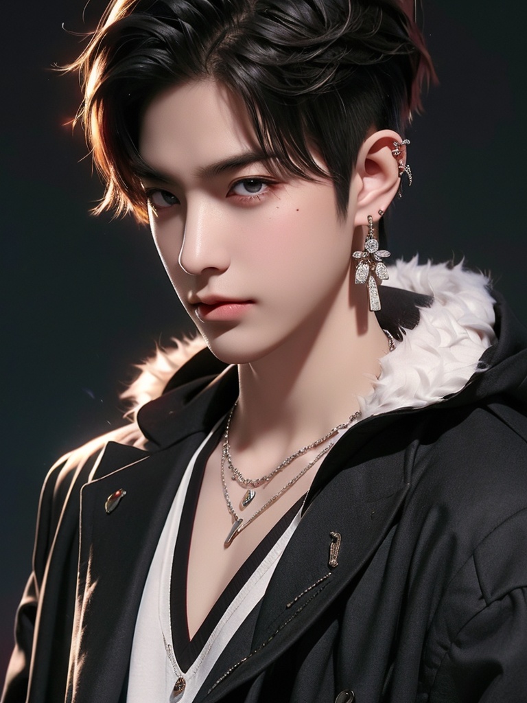 Best quality, masterpiece, 8k,CG,1boy, jewelry, male focus, solo, black hair, blur background, mole, earrings, blur, mole under eye, fur trim, necklace, upper body, looking at viewer, piercing, short hair, coat, jacket, realistic, ear piercing