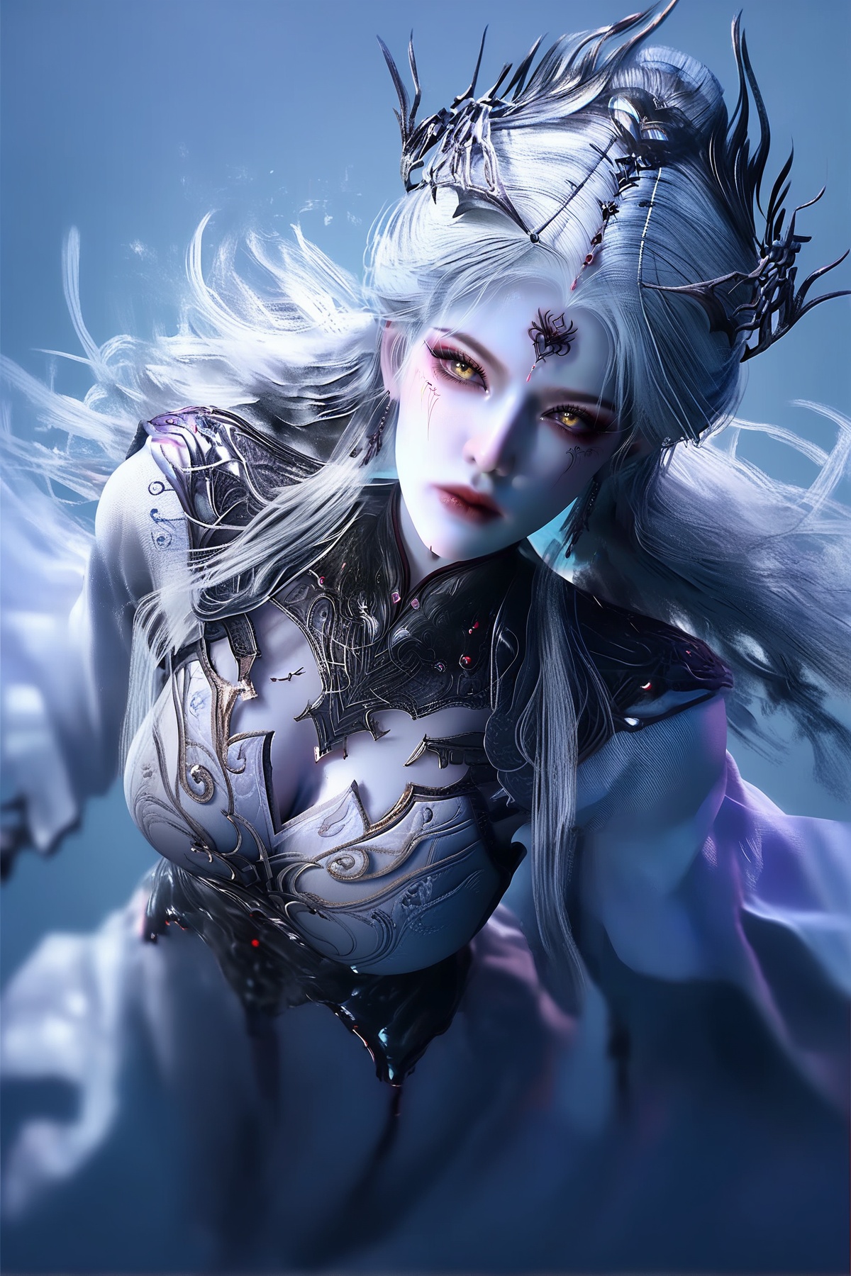 score_9,score_8_up,score_7_up,<lora:wy_aishen_xs_XL7.0:0.7>,1girl,long hair,white hair,yellow eyes,cleavage,big breasts,hair_ornament,dress,white dress,wetting,simple background,realistic,photorealistic BREAK high detailed skin,(detailed skin:1.1),Skindentation,skin depression,highly detailed,ultra-high resolution,32K UHD,sharp focus,best-quality,masterpiece,unconventional supreme masterpiece,masterful details,with a high-end texture,Dynamic Angle,(Dynamic posture:1.1),<lora:lowlight_r2:0.2>,<lora:绪儿古风XUER gufeng:0.6>,XUER gufeng,<lora:zy_Realism_Enhancer_v2:0.2>,<lora:皮肤凹痕:0.5>,<lora:Add_more_details_V2_XLpony:1>,full_details,<lora:DarkerThanDarkV0.8:0.2>,dark,between_breasts,