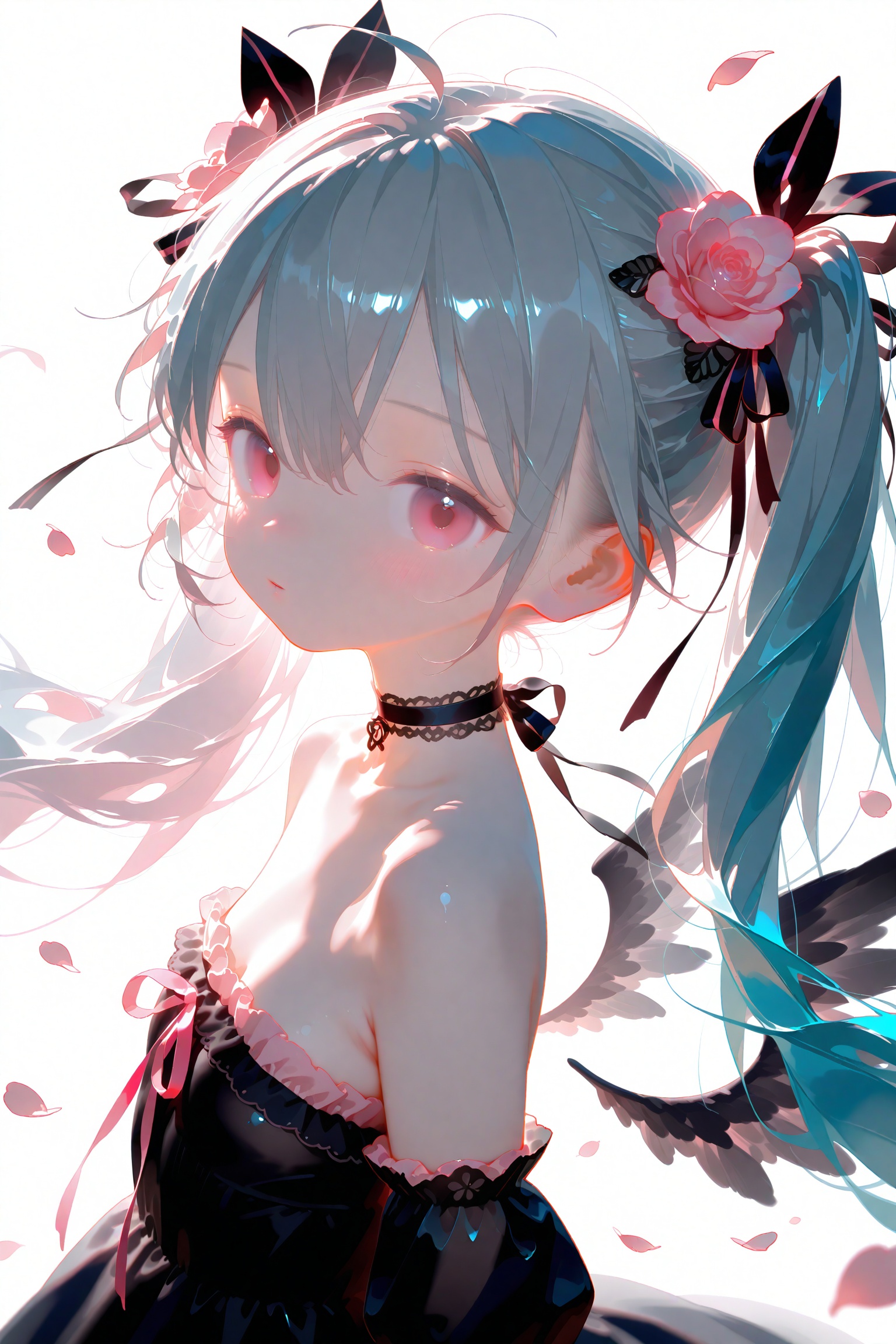loli,1girl,solo,long hair,hair ornament,flower,twintails,dress,hair flower,ribbon,black dress,looking at viewer,hair ribbon,red eyes,grey hair,white background,bare shoulders,very long hair,detached sleeves,choker,hair between eyes,petals,pink flower,strapless dress,strapless,from side,simple background,upper body,rose,breasts,wings,red ribbon,ahoge,floating hair,pink eyes,small breasts,frills,collarbone,parted lips,looking to the side,hatsune miku,ribbon choker,pink rose,black ribbon,standing,closed mouth,pink ribbon,black choker,bow,frilled dress,<lora:A420.1024alens2-000036:0.8>,