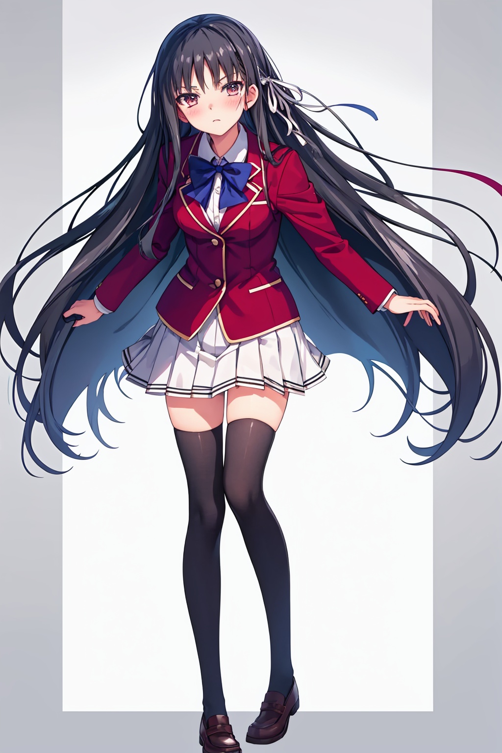 masterpiece,best quality, highly detailed, horikita suzune,school uniform,1girl,looking at viewer,solo,long sleeves,pleated skirt,red jacket,white shirt,white skirt,black thighhighs,white ribbon,collared shirt,blazer,closed mouth,shiny,blush,dress shirt,miniskirt,bowtie,zettai ryouiki,blue bowtie,full body,wing collar,<lora:horikita_suzune:1>