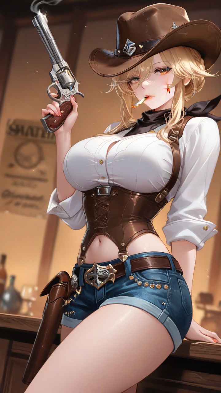 Background：Tavern with a wanted list on it、there are several customers、characters：One woman((looking like a cowboy、Wear a...