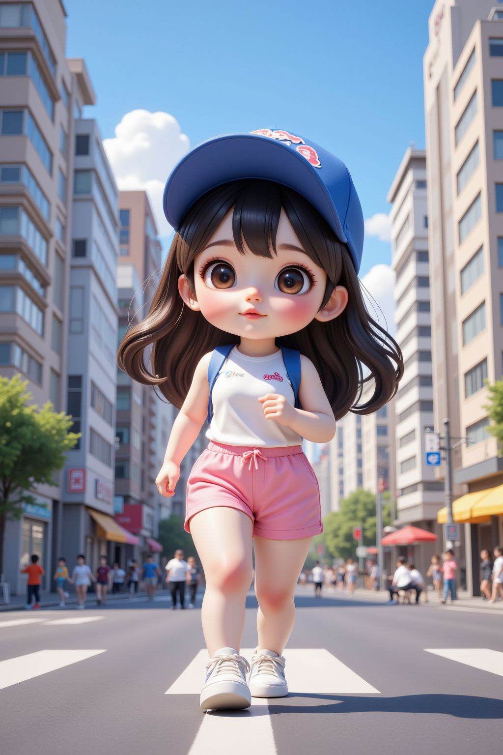 Wide-angle shot,chibi,Magazine cover,an anime girl wearing blue cap and pink shorts,The girl ran in the city street,Illustration in digital art style,for children's picture books,64K,comic book page