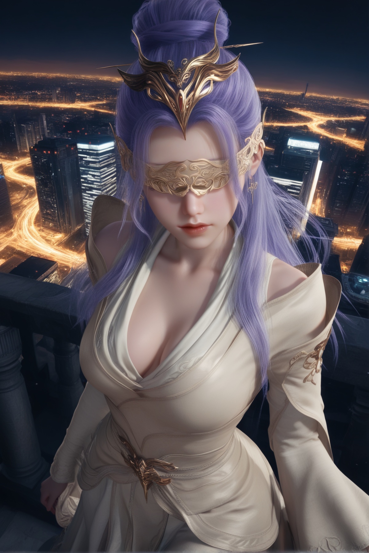 masterpiece,best quality,realistic,cinematic,detail eyes,(ultra-detailed),perfect composition,intricate details,absurdres,detailed face,high quality,high res,8K,<lora:X_yunxiao_zy_IL4.0:0.8>,purple hair,Blindfold,hair bun,1girl,long hair,breast,medium breast,hair_ornament,dress,standing,city,skyline,looking_at_viewer,