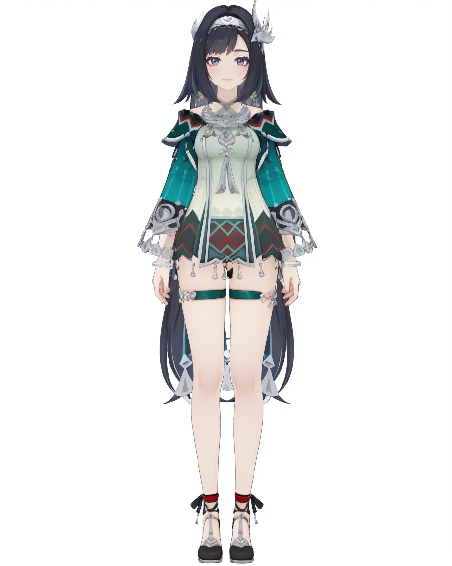 8k,best quality,masterpiece,(ultra-detailed),(high detailed skin),(by nanoless, by misumi \(macaroni\),:0.5),A full-body portrait of a young girl,standing gracefully,pastel art style,high-key lighting,shoujo manga influence,hd quality,delicate details,full body,full shot,standing,looking at viewer,(solo:1.2),simple background,white background,<lora:lanyan-sd-Tanger:0.8>,Lan Yan \(Genshin Impact\), clothes: Lan Yan def derss, Silver hair ornament, white hairband, 1girl, black hair, very long hair,  blue eyes,
