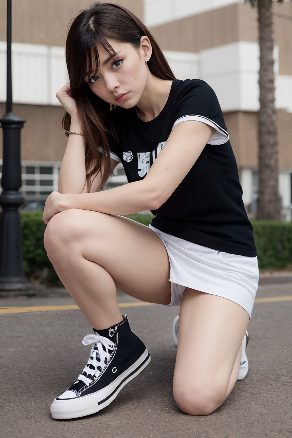 masterpiece,best quality,ultra detailed,detailed face,8K,1girl,solo,squat,leg,shoes,cvas,black shoes,<lora:converse all star:1>,