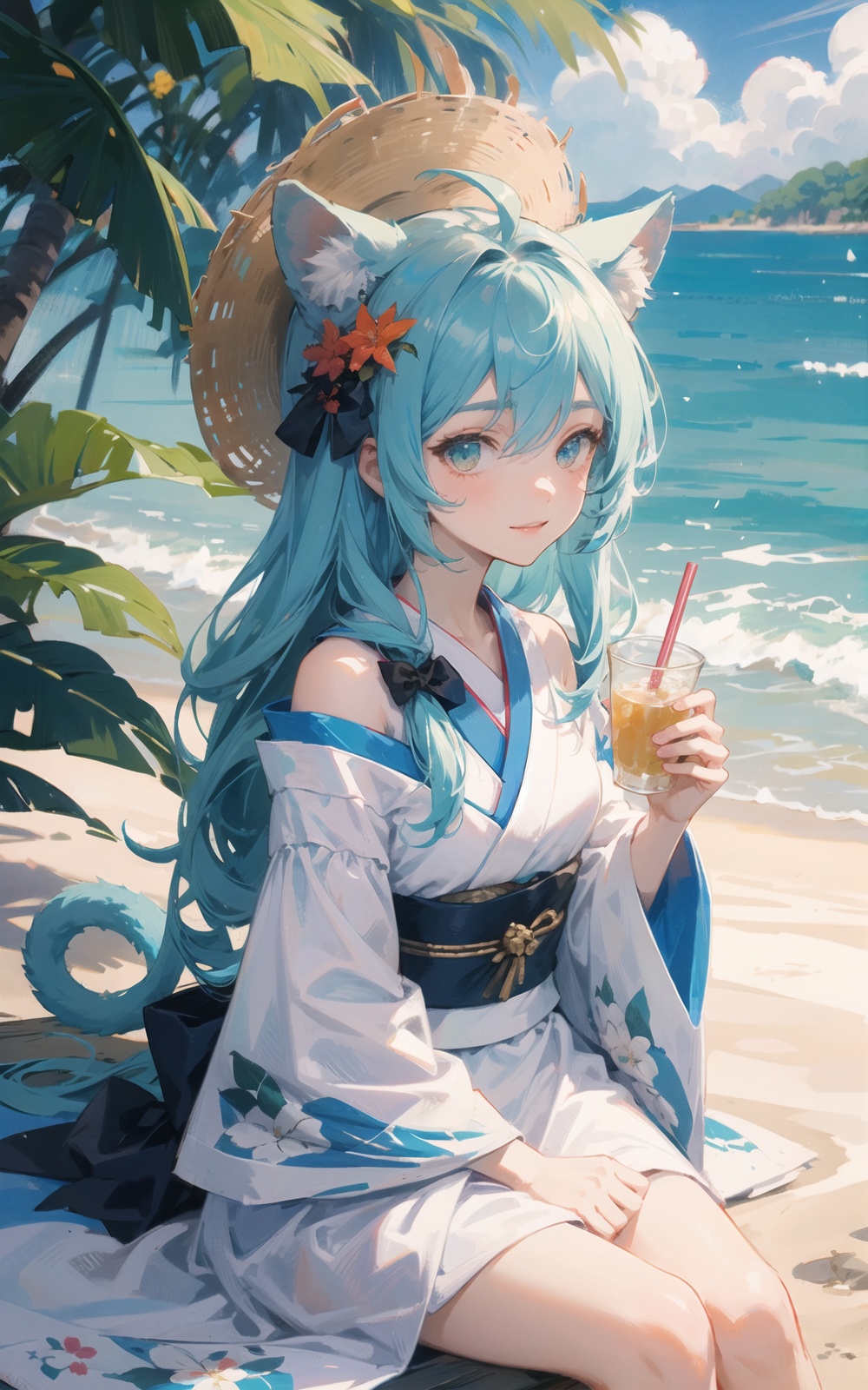 hat, 1girl, straw_hat, dress, hat_flower, white_dress, sitting, cup, solo, long_hair, flower, ribbon, looking_at_viewer, bare_shoulders, off_shoulder, outdoors, holding, disposable_cup, day, blue_ribbon, drinking_straw, brown_headwear, sun_hat, beach,animal_ears, cat_ears, cat_tail, tail, tail_ornament, virtual_youtuber, yukihana_lamy, kemonomimi_mode, japanese_clothes, kimono, tail_ribbon, tail_bell, animal_ear_fluff, tail_bow, heart_ahoge, floral_print, hair_ornament, cat_girl, ahoge, bell, long_hair, solo, wide_sleeves, hair_between_eyes, own_hands_together, looking_at_viewer, lion_ears, simple_background, extra_ears, white_background, print_kimono, jingle_bell, pointy_ears, smile, blue hair, aqua hair
